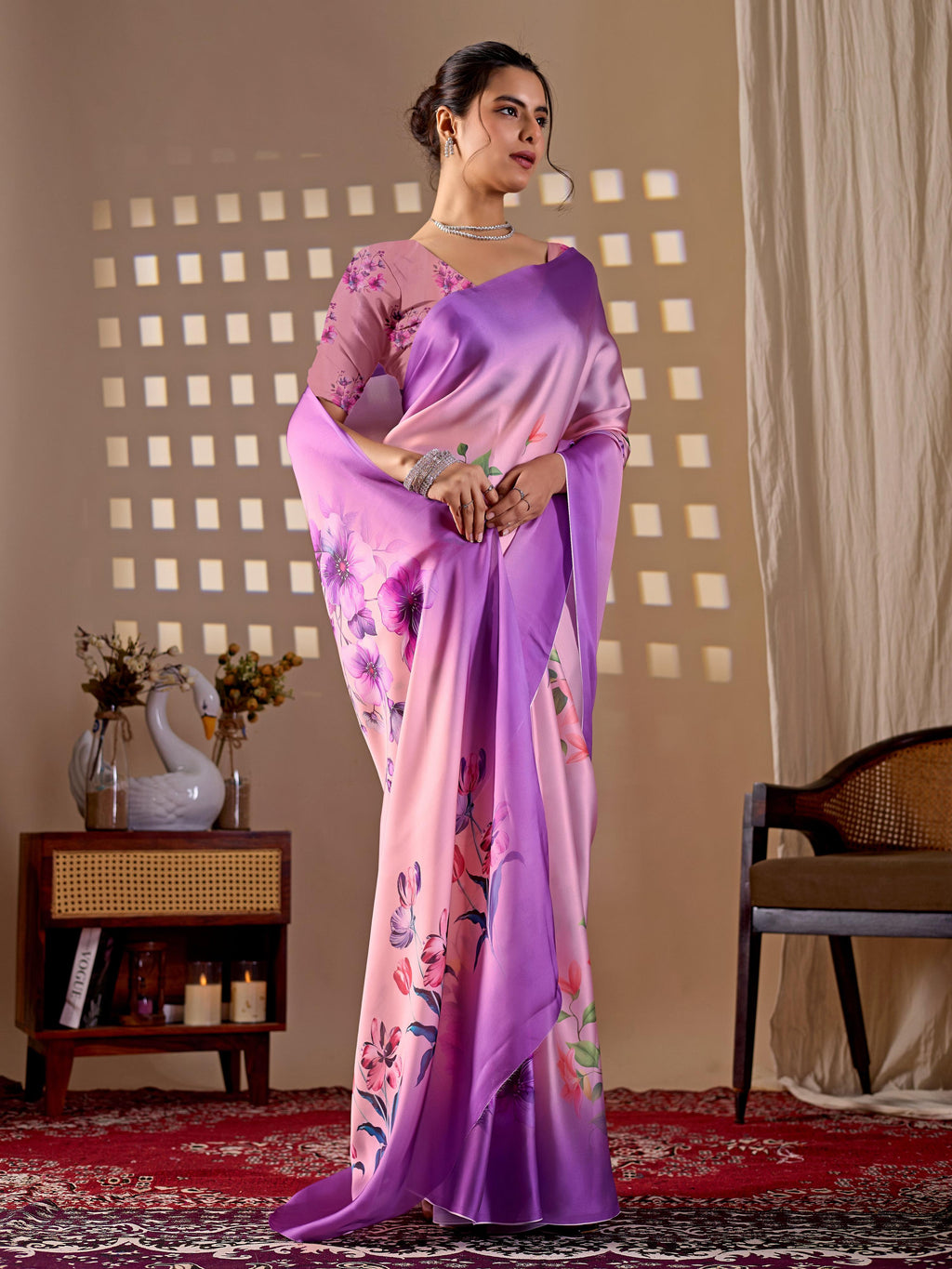 Aastha Fashion Purple Soft Satin Georgette Printed Saree - Distacart