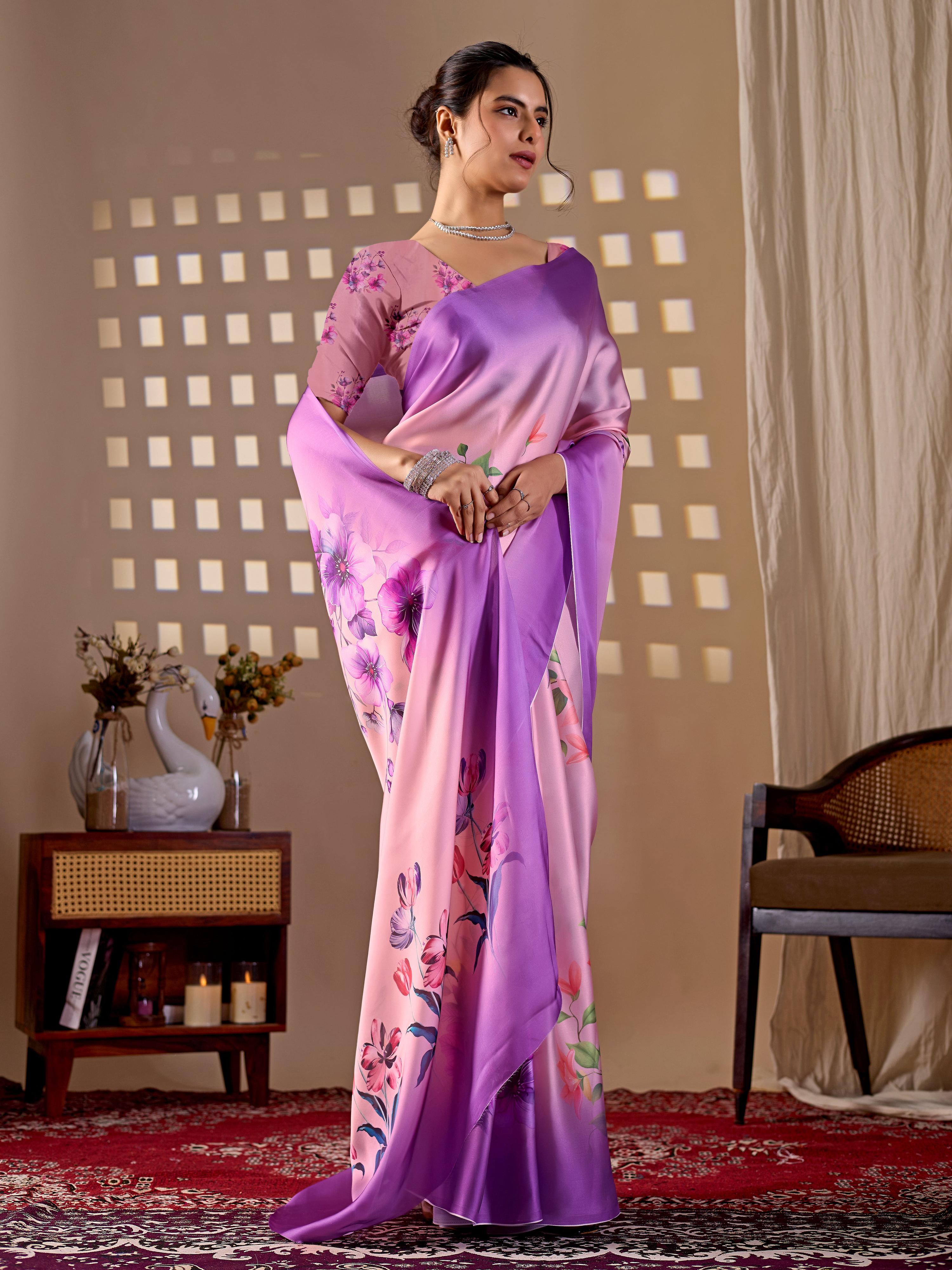 Aastha Fashion Purple Soft Satin Georgette Printed Saree - Distacart