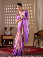 Aastha Fashion Purple Soft Satin Georgette Printed Saree - Distacart