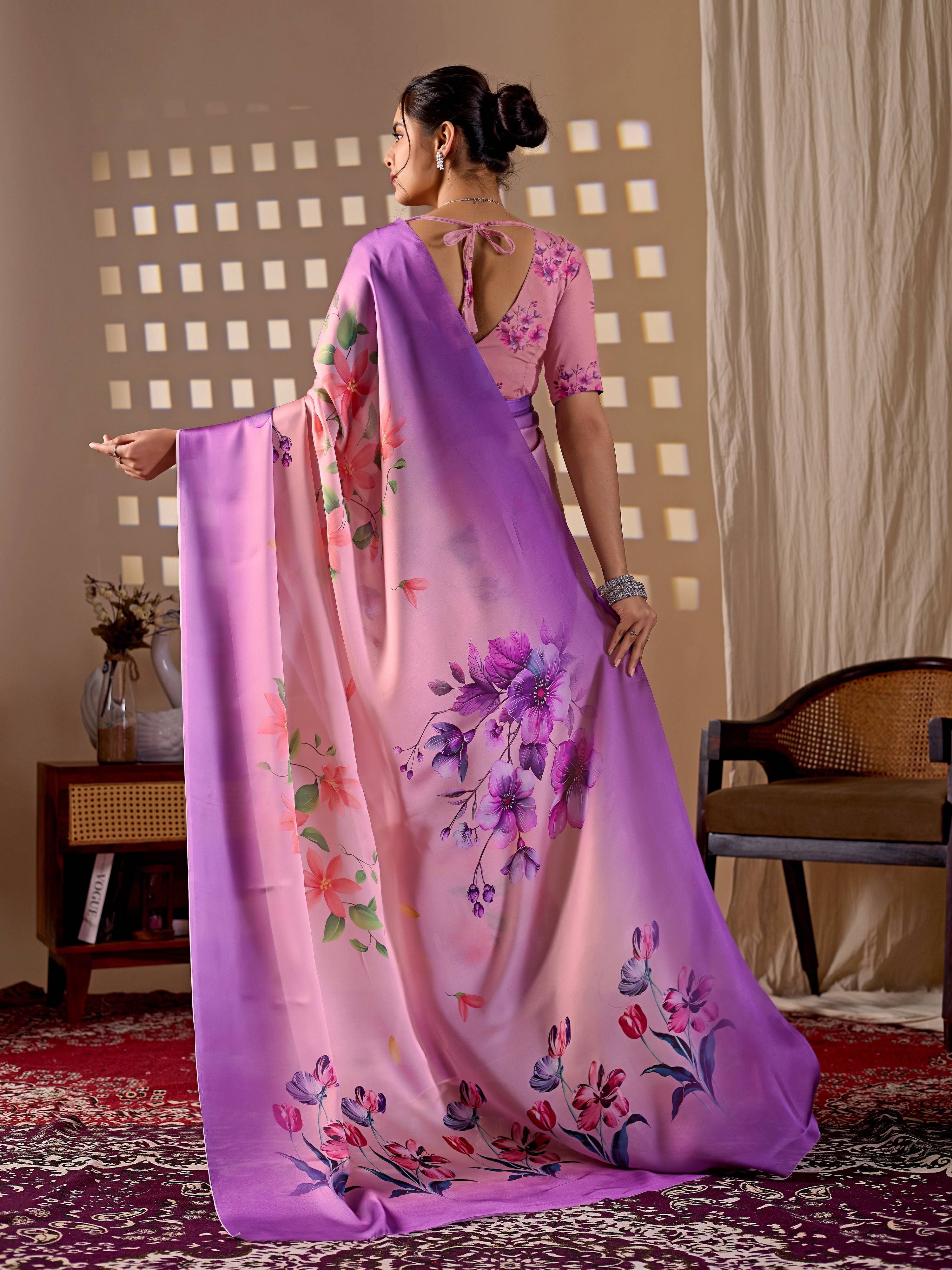Aastha Fashion Purple Soft Satin Georgette Printed Saree - Distacart
