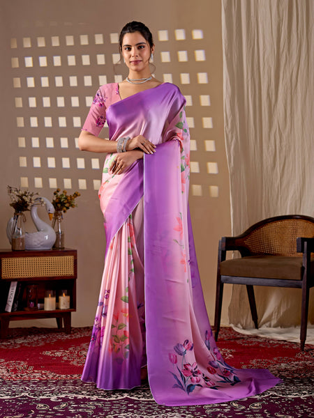 Aastha Fashion Purple Soft Satin Georgette Printed Saree