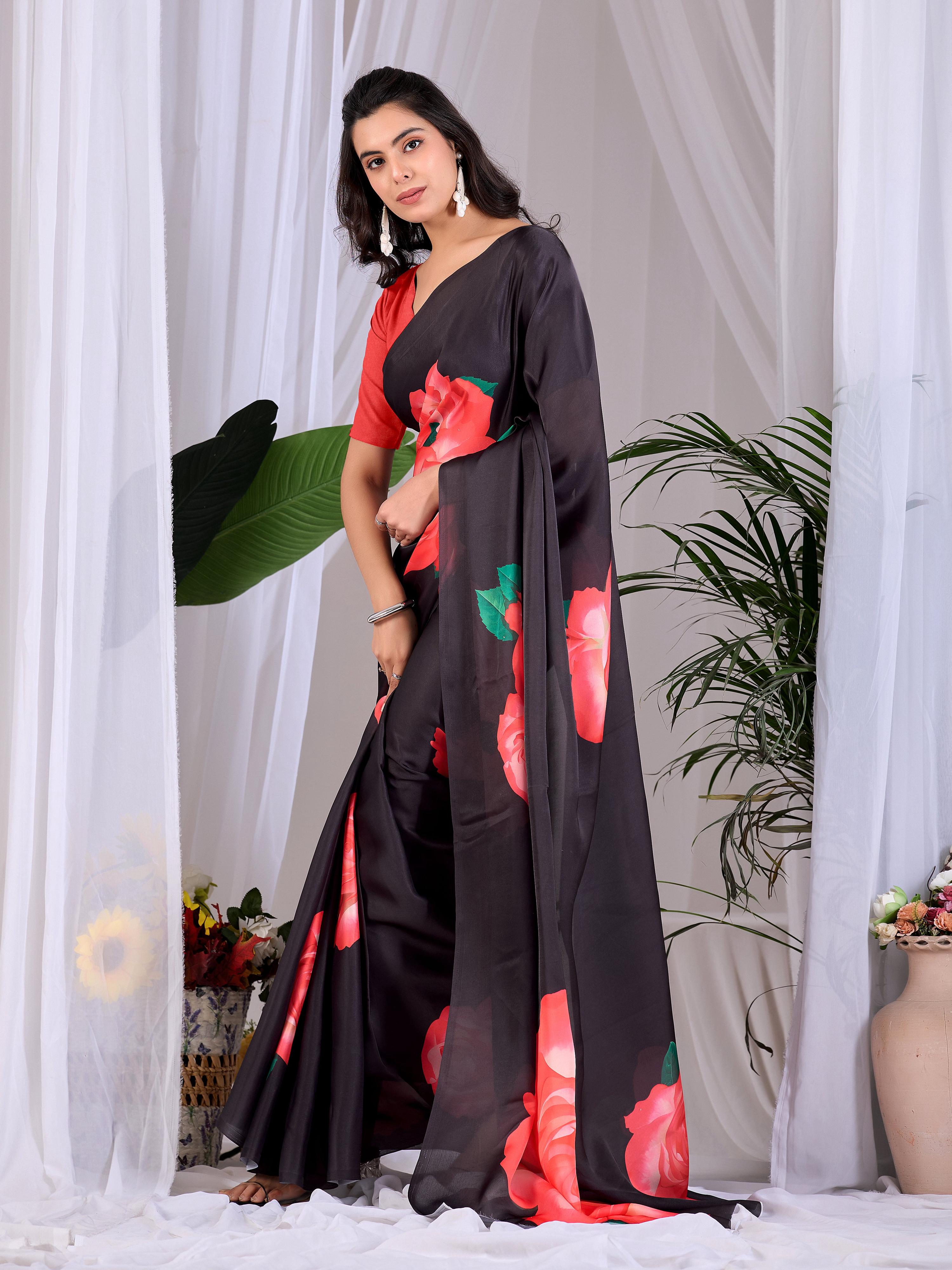 Aastha Fashion Black Soft Satin Georgette Printed Saree - Distacart