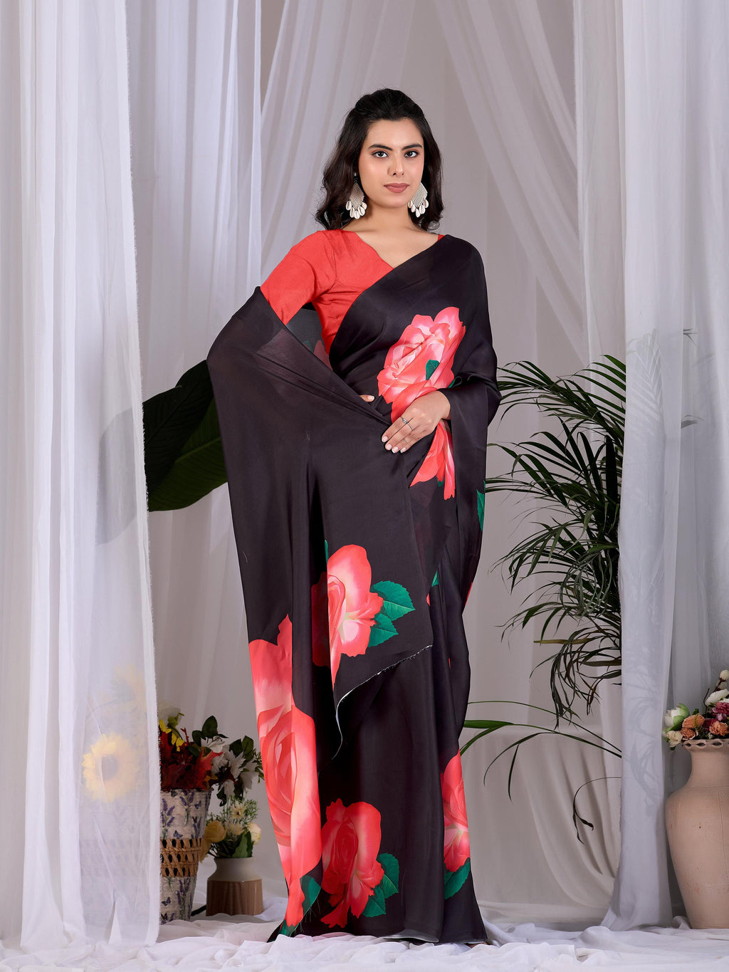 Aastha Fashion Black Soft Satin Georgette Printed Saree - Distacart