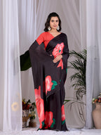 Aastha Fashion Black Soft Satin Georgette Printed Saree - Distacart