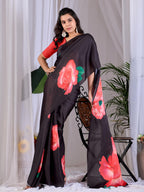 Aastha Fashion Black Soft Satin Georgette Printed Saree - Distacart