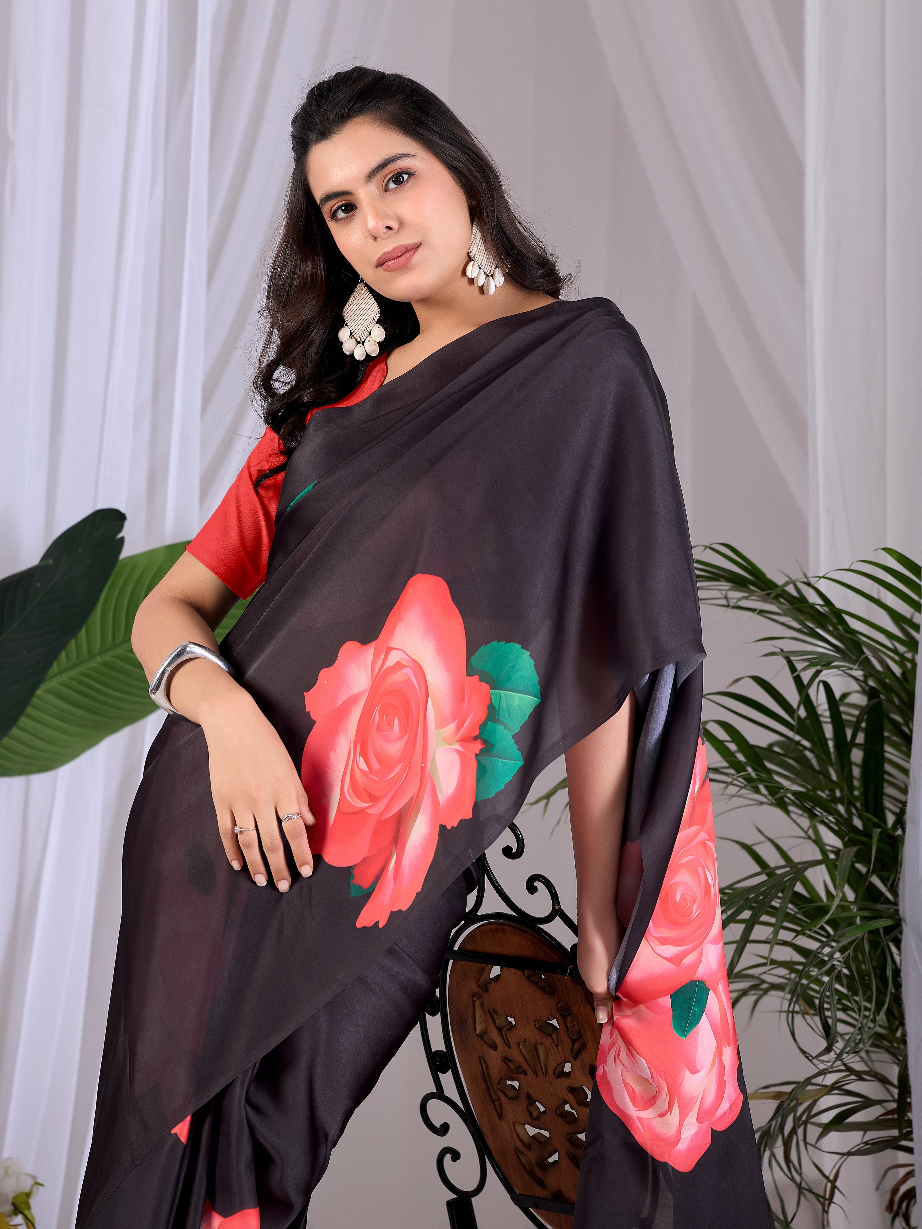 Aastha Fashion Black Soft Satin Georgette Printed Saree - Distacart