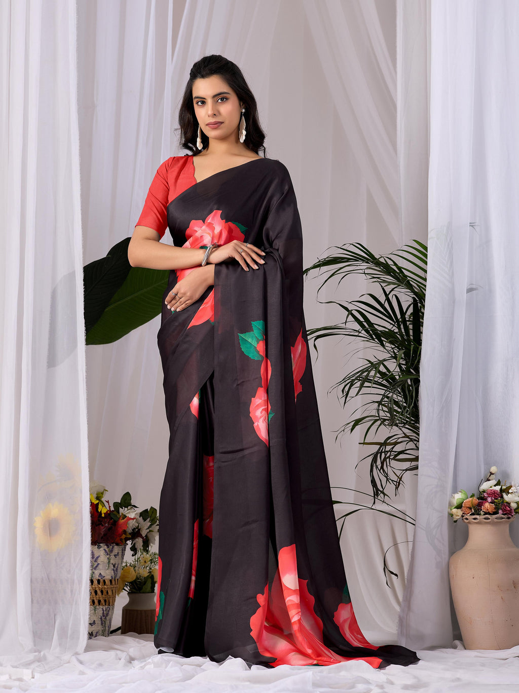 Aastha Fashion Black Soft Satin Georgette Printed Saree - Distacart