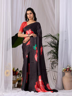 Aastha Fashion Black Soft Satin Georgette Printed Saree - Distacart