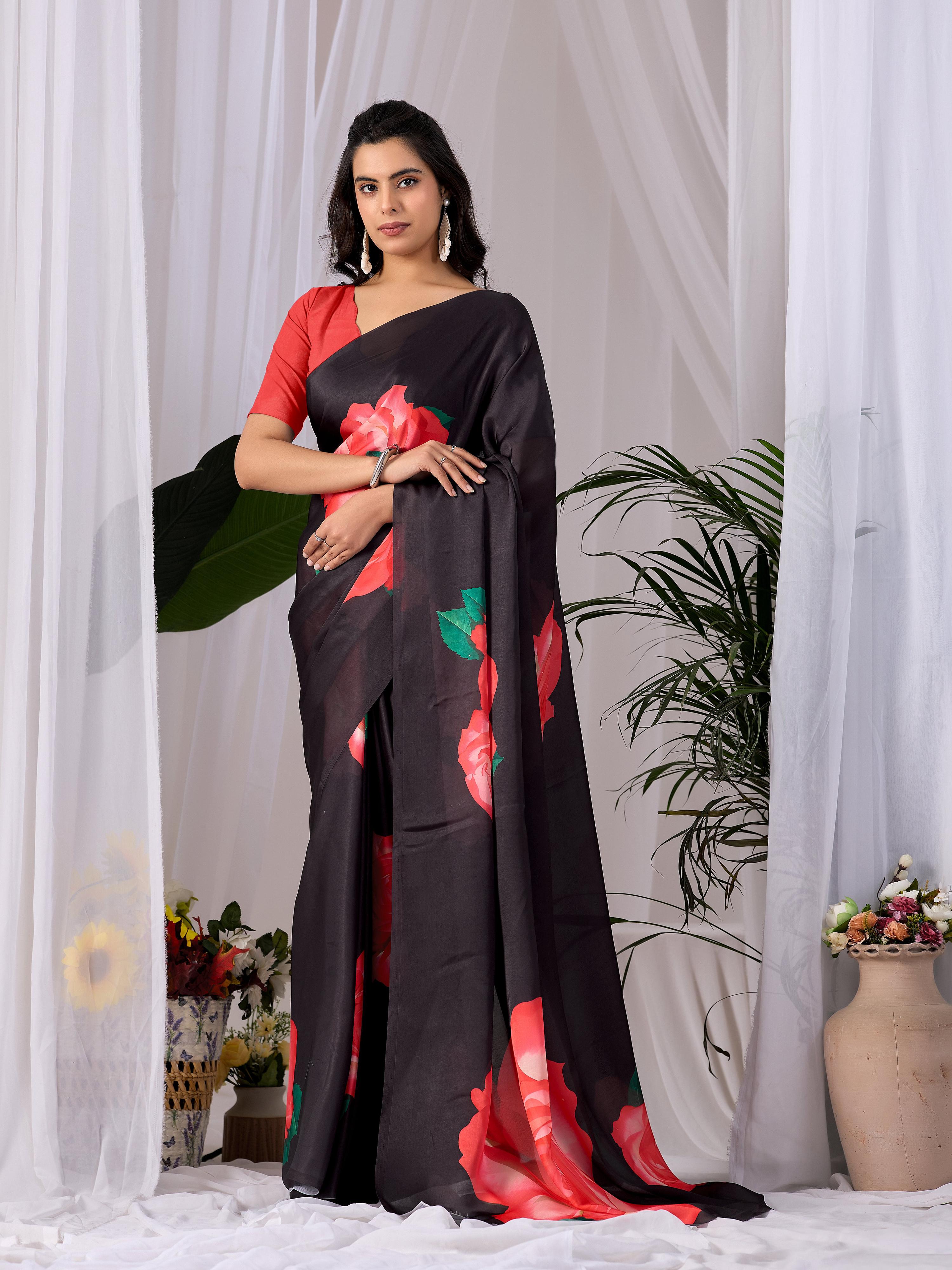 Aastha Fashion Black Soft Satin Georgette Printed Saree - Distacart
