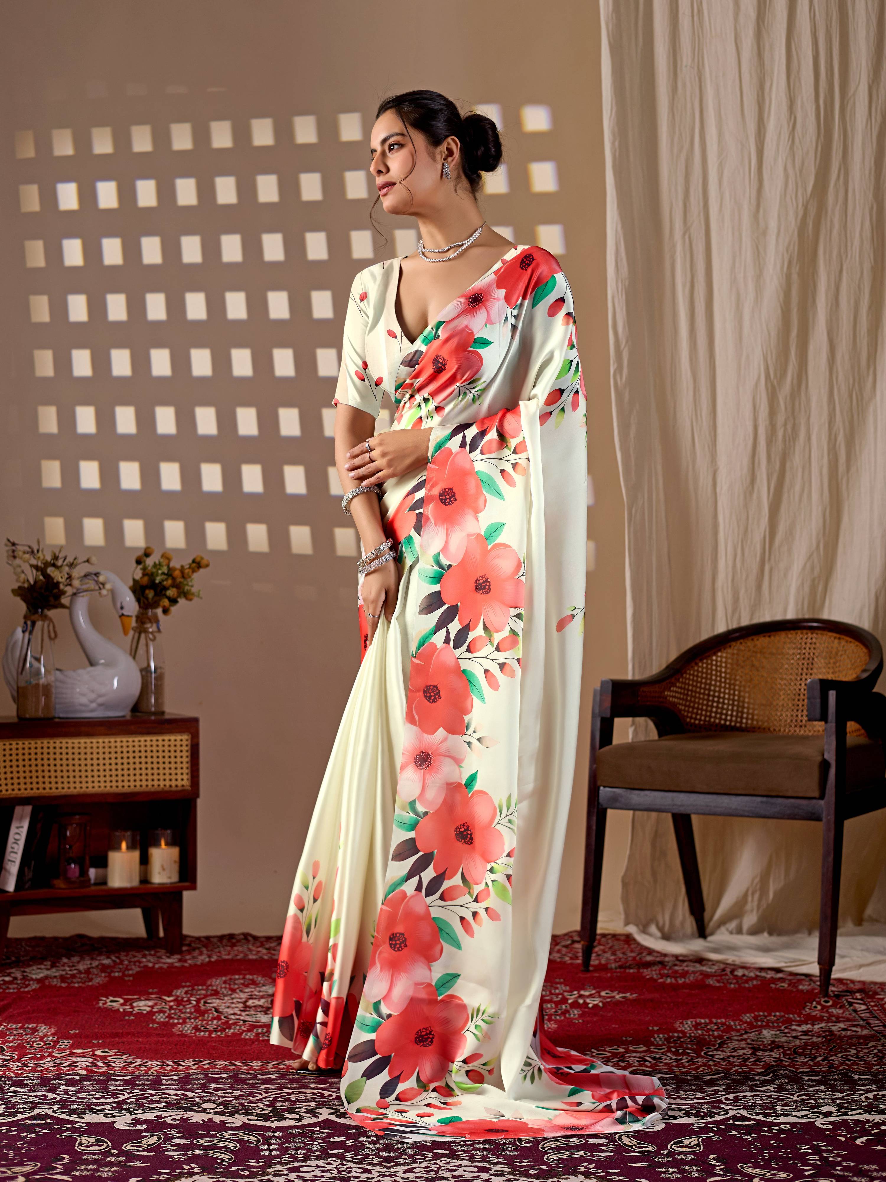 Aastha Fashion Cream Soft Satin Georgette Printed Saree - Distacart
