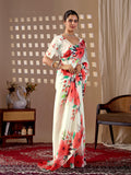 Aastha Fashion Cream Soft Satin Georgette Printed Saree - Distacart