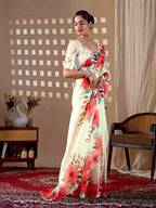 Aastha Fashion Cream Soft Satin Georgette Printed Saree - Distacart