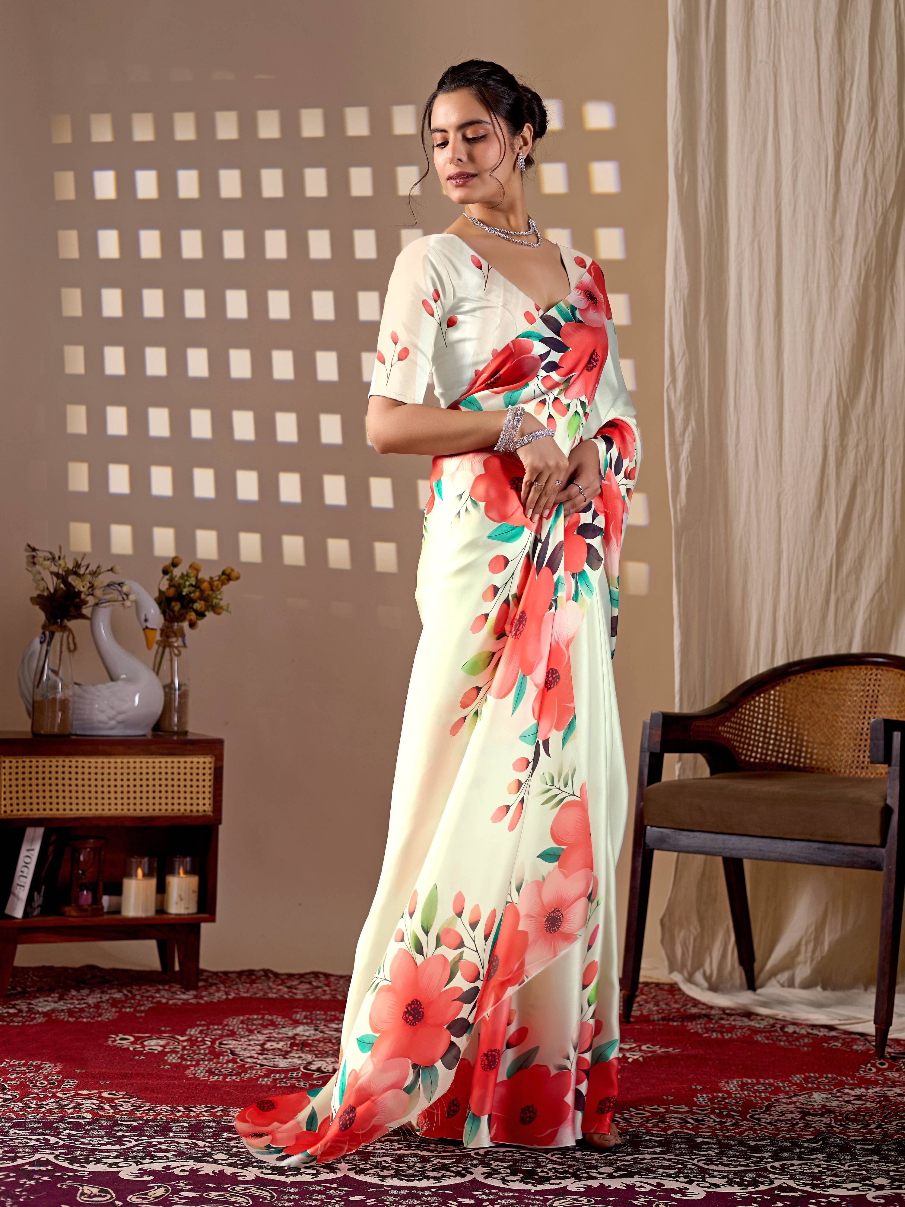 Aastha Fashion Cream Soft Satin Georgette Printed Saree - Distacart