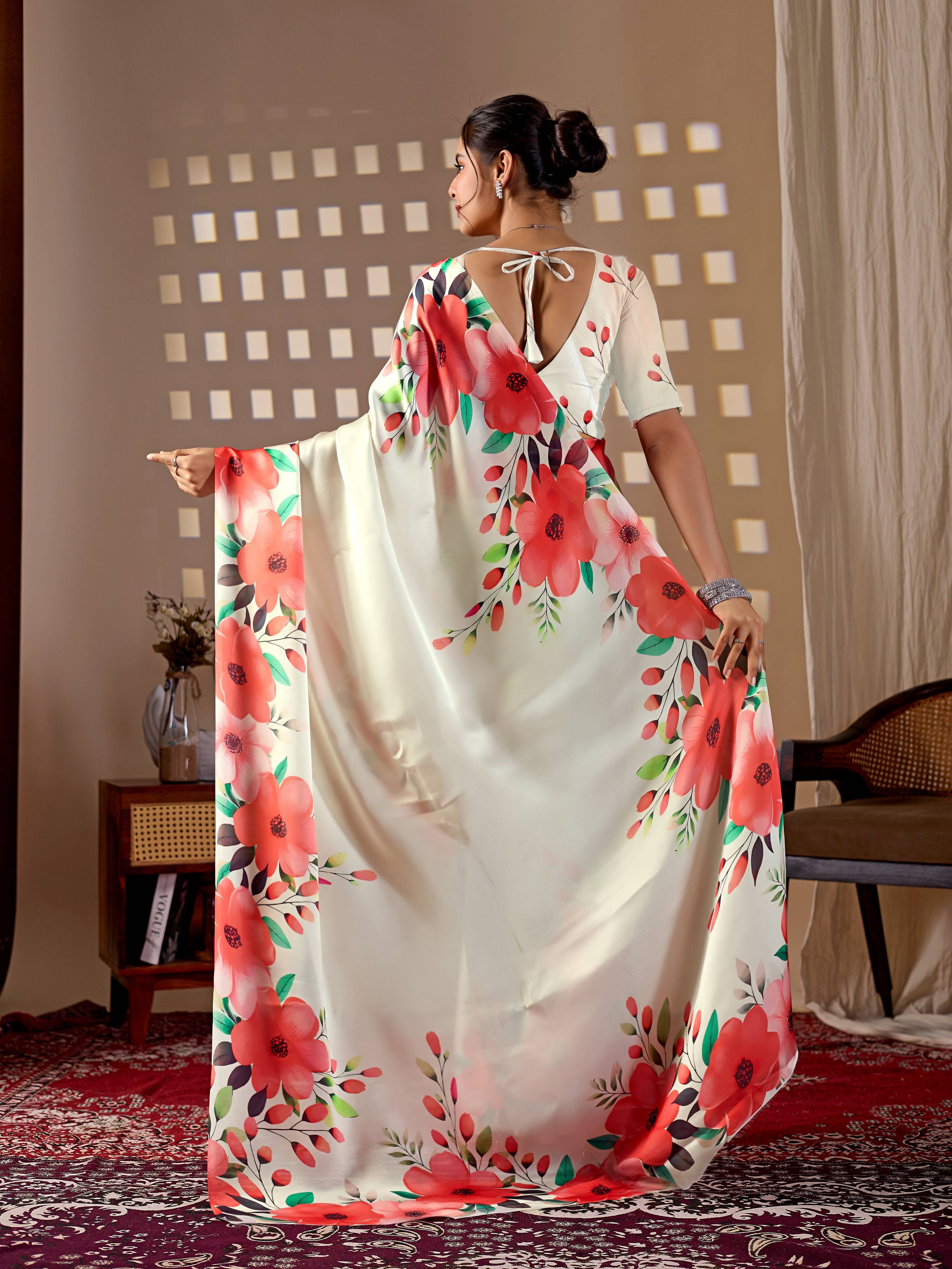 Aastha Fashion Cream Soft Satin Georgette Printed Saree - Distacart