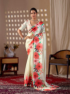 Aastha Fashion Cream Soft Satin Georgette Printed Saree - Distacart