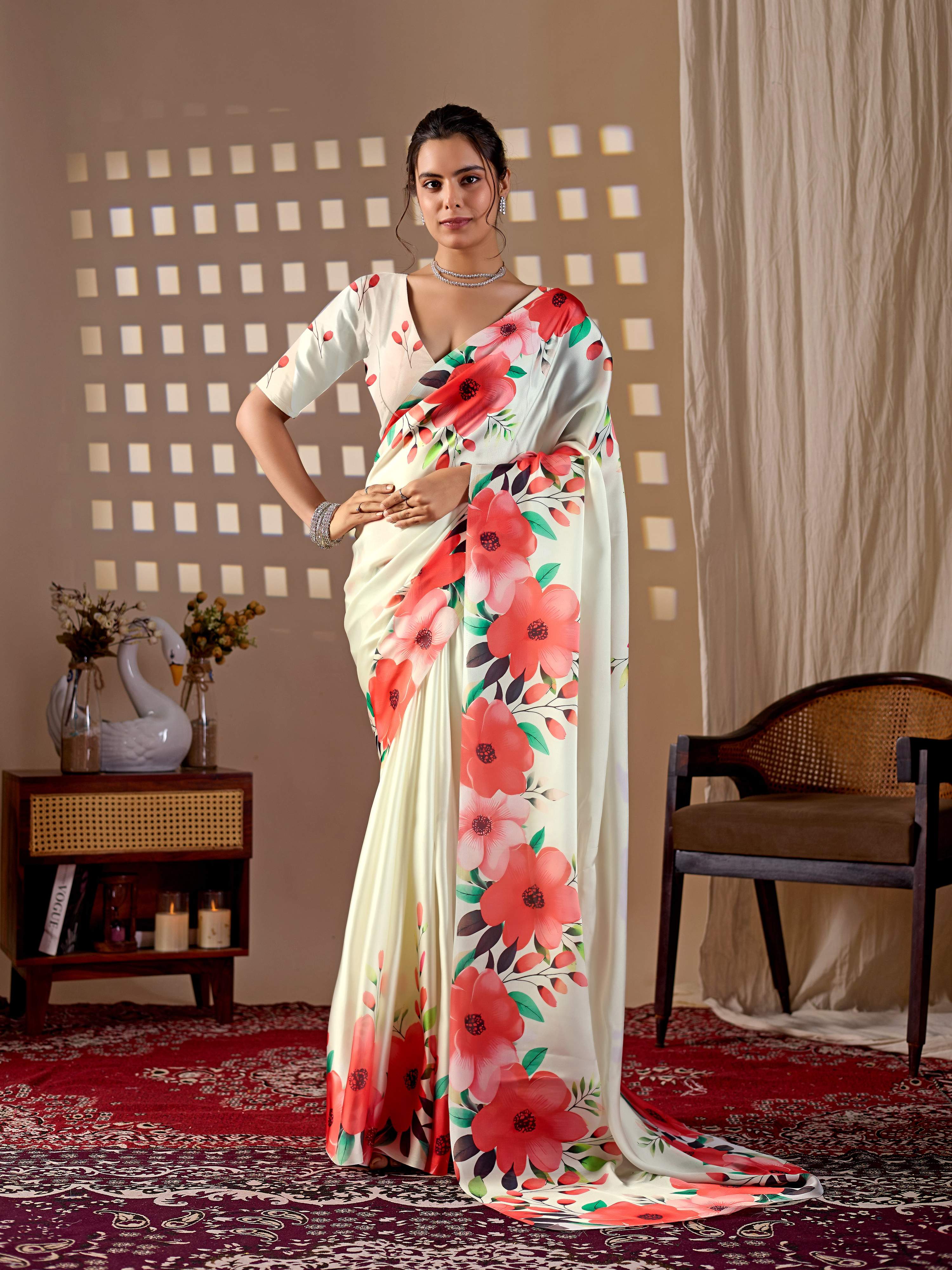 Aastha Fashion Cream Soft Satin Georgette Printed Saree - Distacart