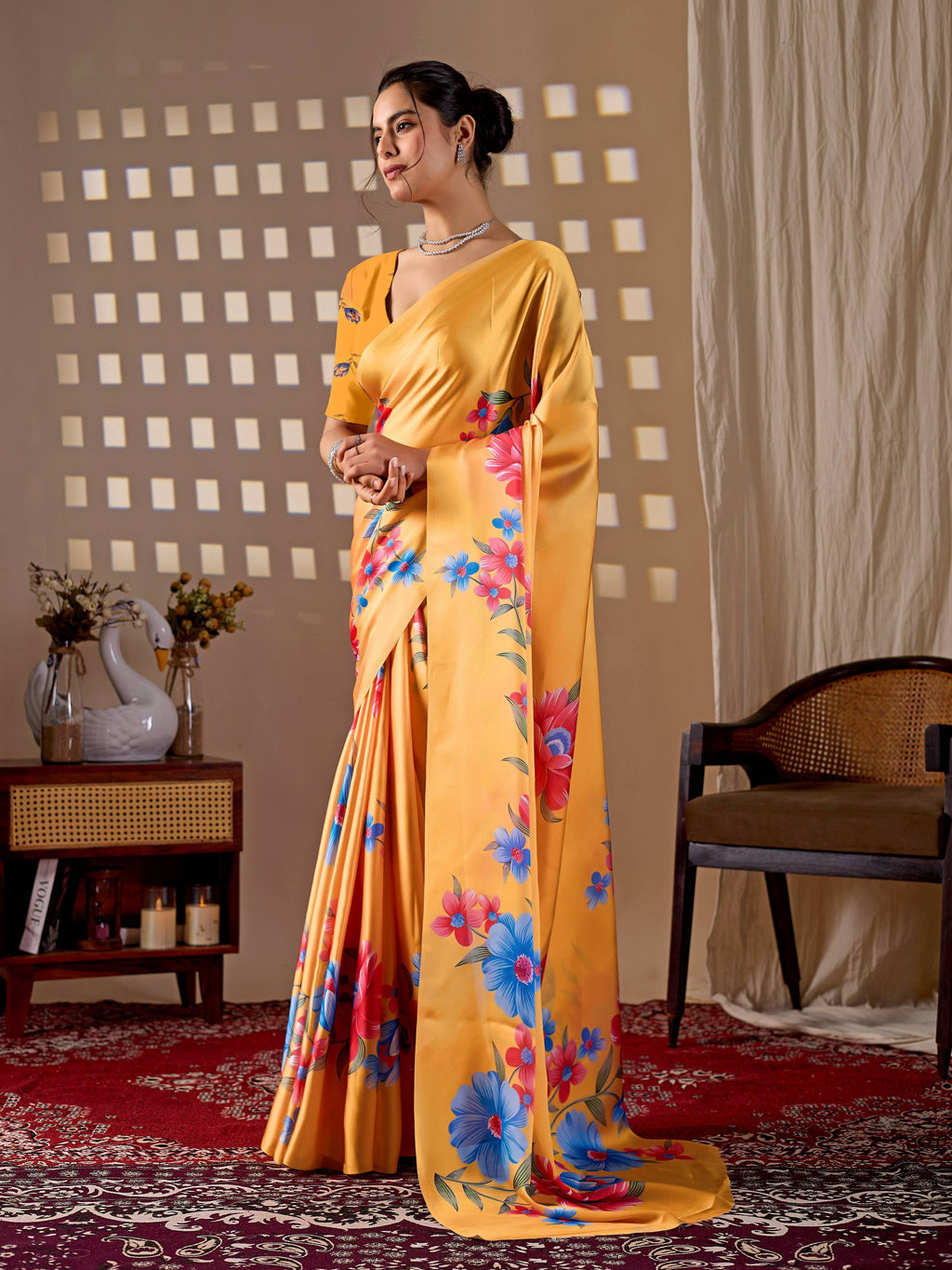 Aastha Fashion Yellow Soft Satin Georgette Printed Saree - Distacart
