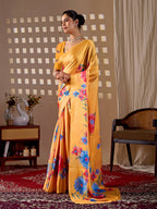Aastha Fashion Yellow Soft Satin Georgette Printed Saree - Distacart