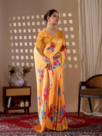 Aastha Fashion Yellow Soft Satin Georgette Printed Saree - Distacart