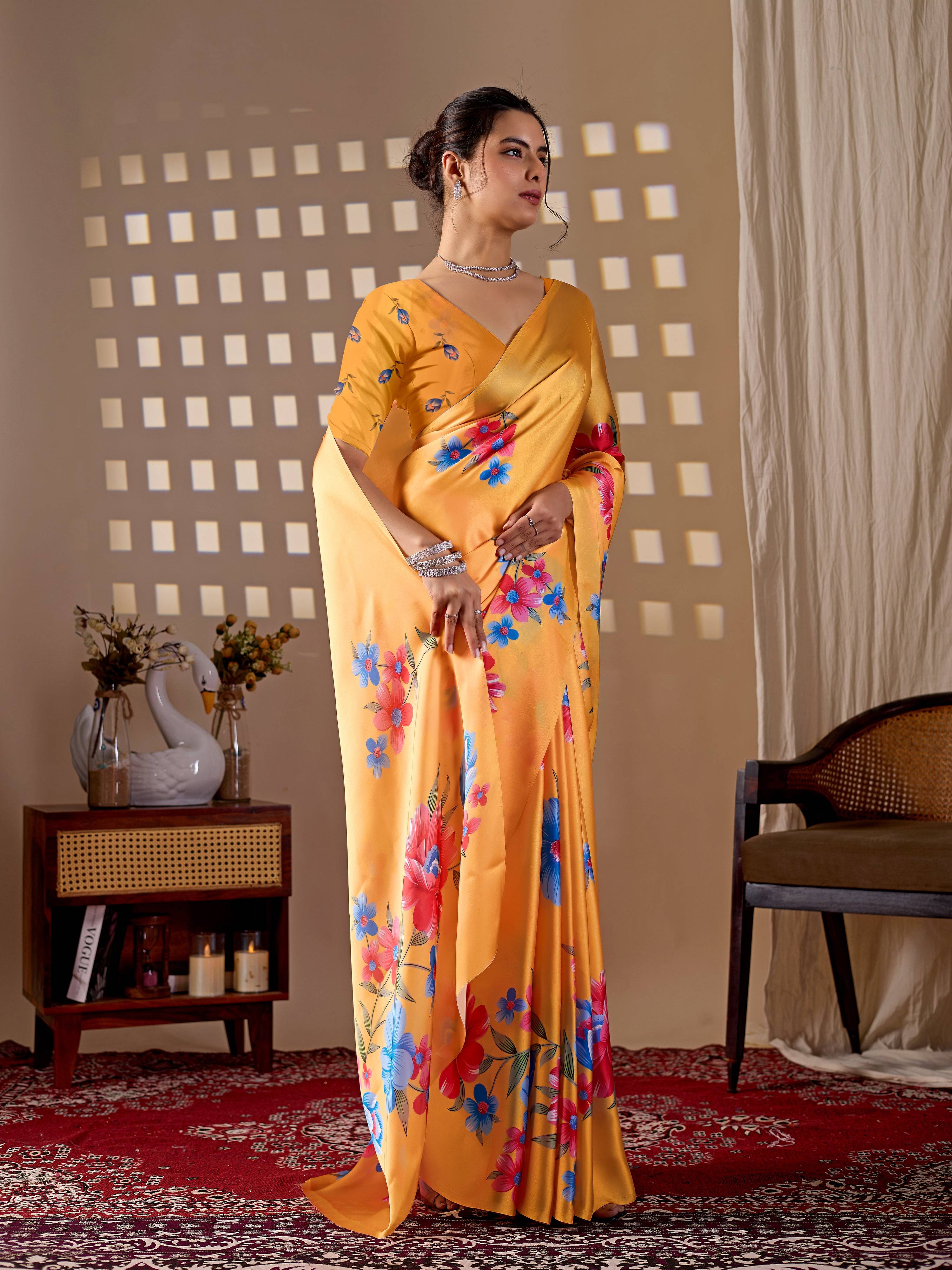 Aastha Fashion Yellow Soft Satin Georgette Printed Saree - Distacart