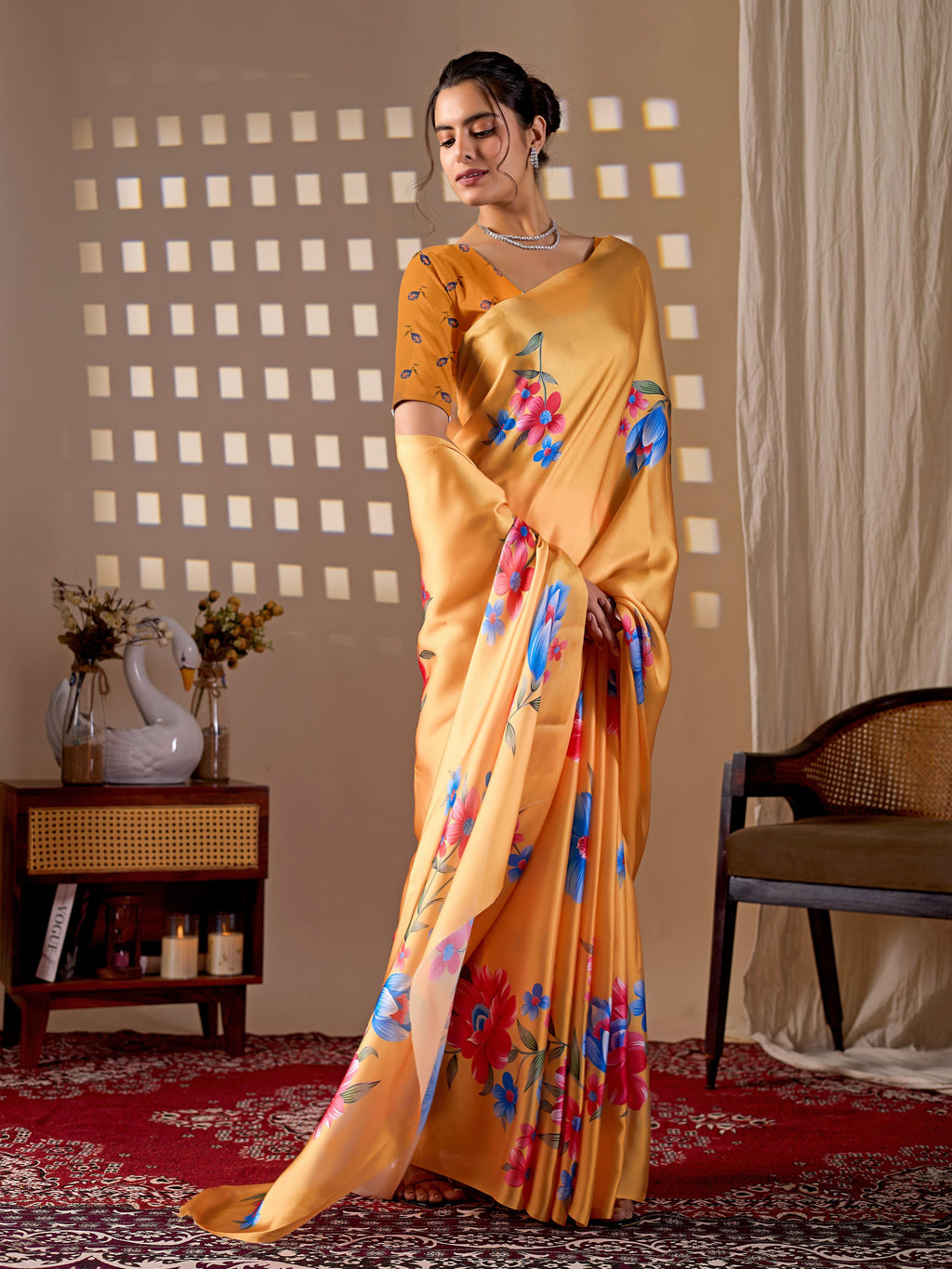 Aastha Fashion Yellow Soft Satin Georgette Printed Saree - Distacart