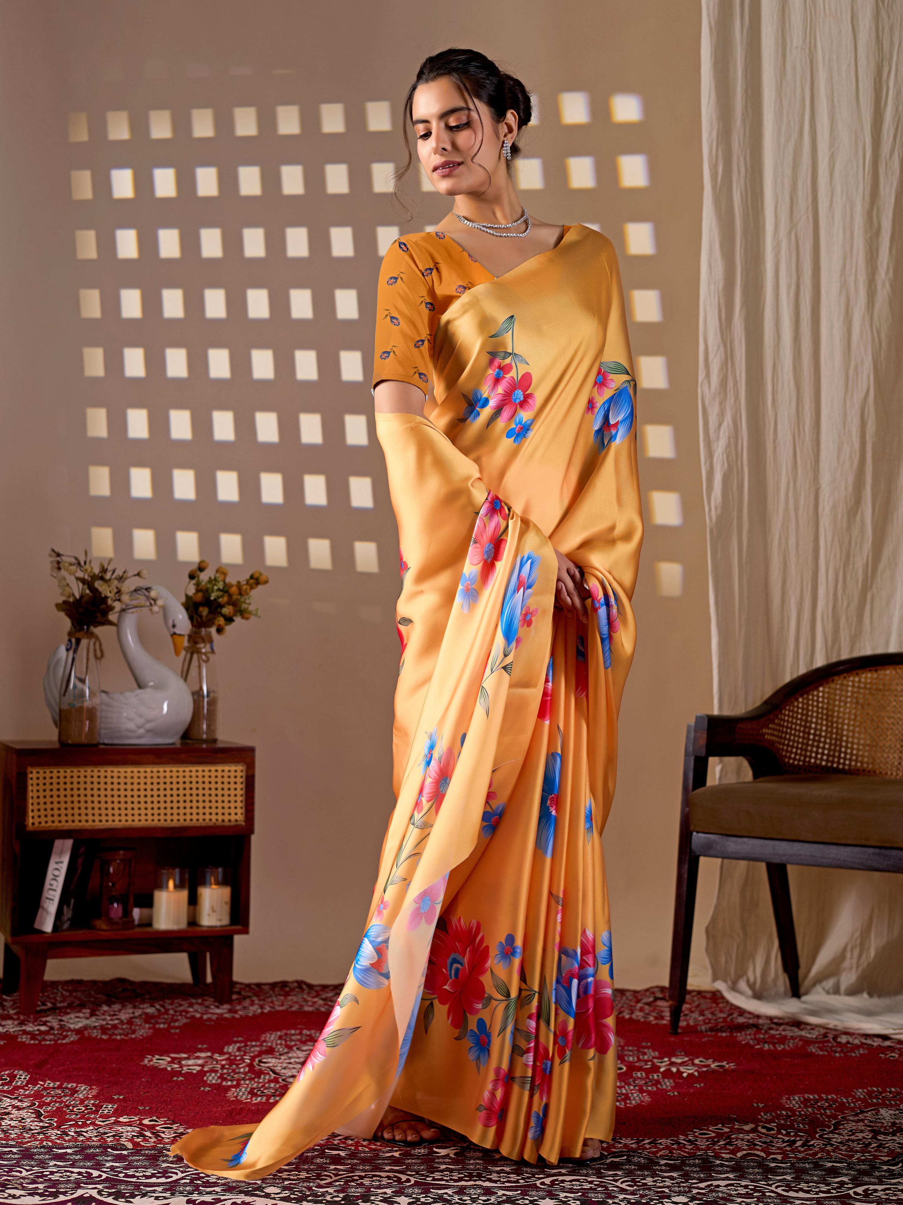 Aastha Fashion Yellow Soft Satin Georgette Printed Saree - Distacart