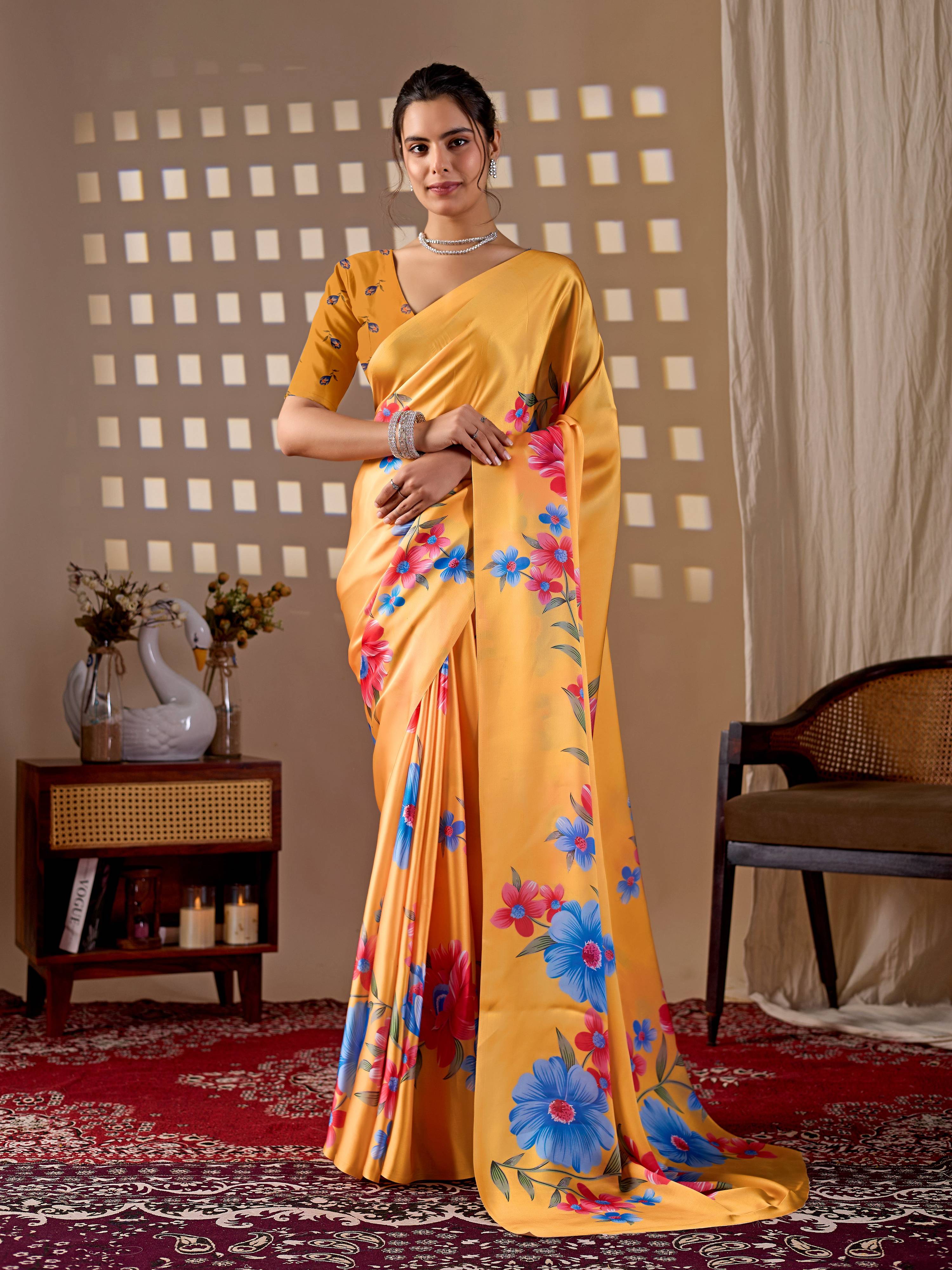 Aastha Fashion Yellow Soft Satin Georgette Printed Saree - Distacart