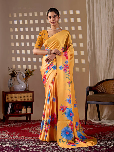 Aastha Fashion Yellow Soft Satin Georgette Printed Saree