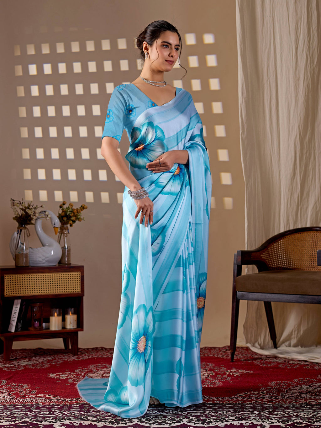 Aastha Fashion Sky Soft Satin Georgette Printed Saree - Distacart