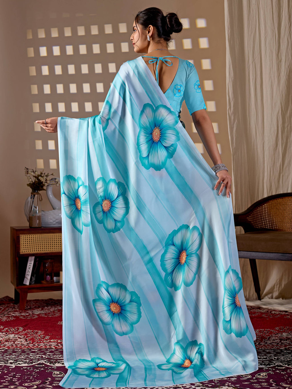 Aastha Fashion Sky Soft Satin Georgette Printed Saree - Distacart