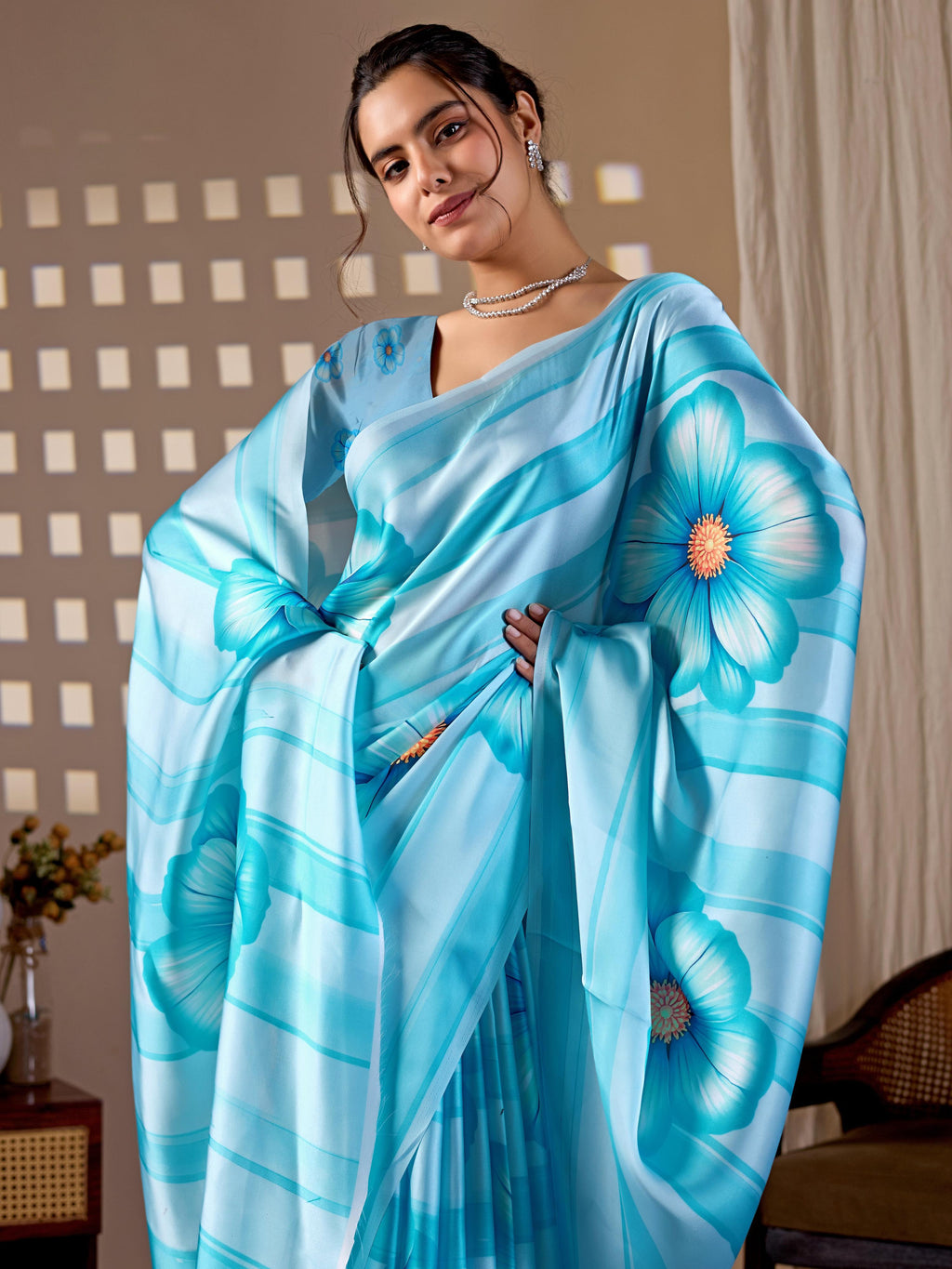 Aastha Fashion Sky Soft Satin Georgette Printed Saree - Distacart