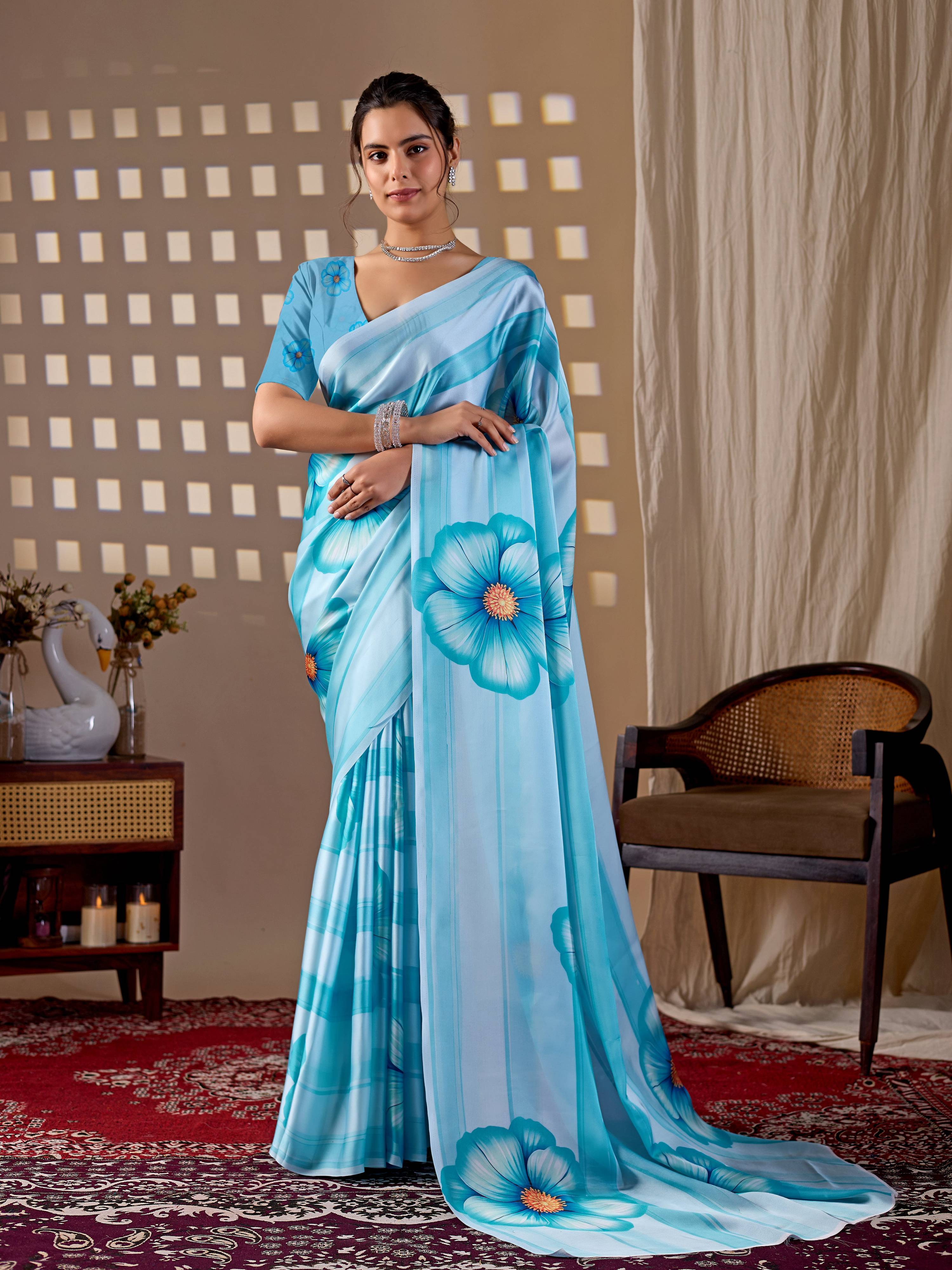 Aastha Fashion Sky Soft Satin Georgette Printed Saree - Distacart