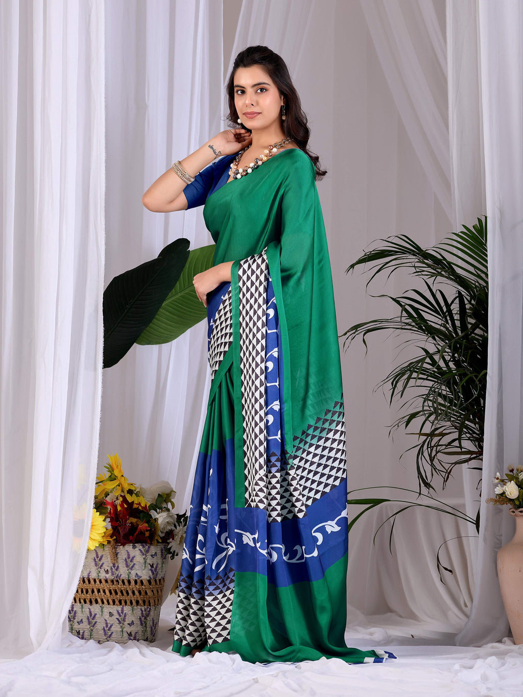 Aastha Fashion Green Soft Satin Georgette Printed Saree - Distacart