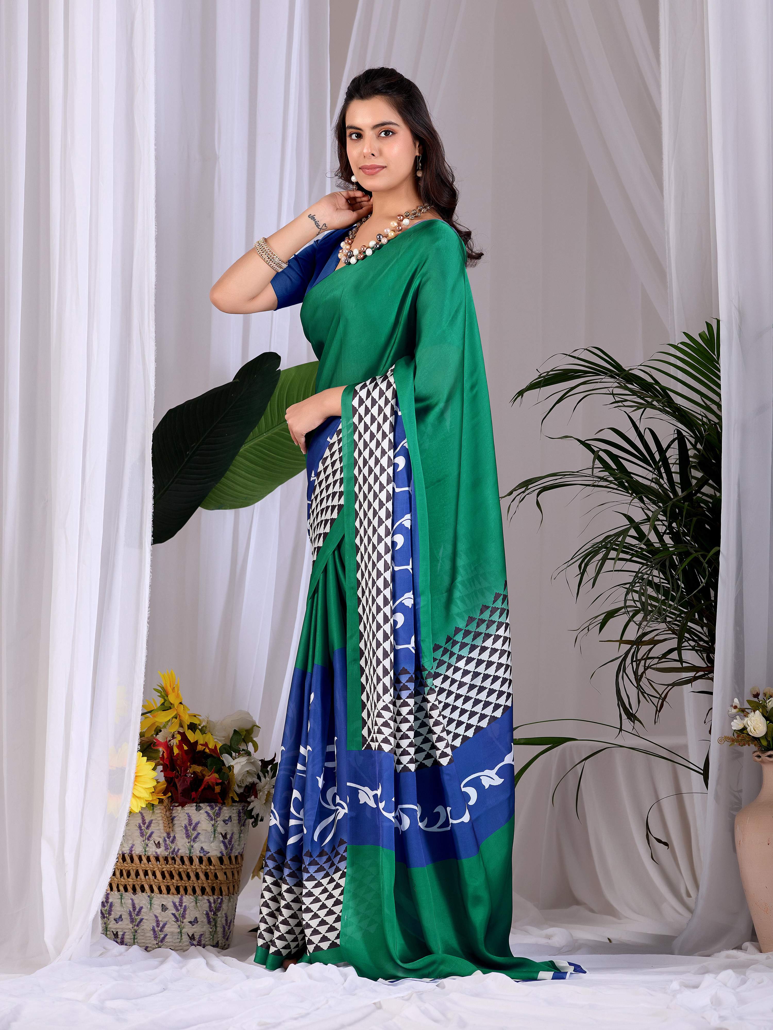 Aastha Fashion Green Soft Satin Georgette Printed Saree - Distacart