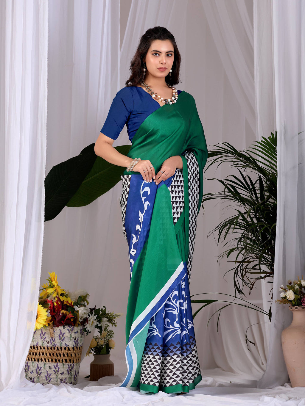 Aastha Fashion Green Soft Satin Georgette Printed Saree - Distacart
