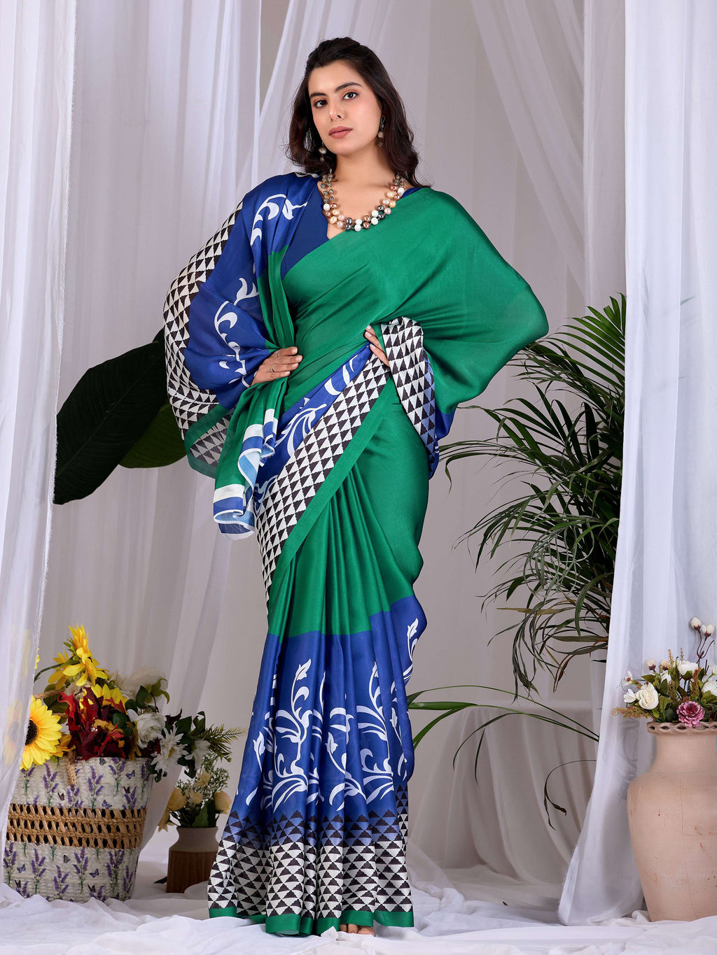 Aastha Fashion Green Soft Satin Georgette Printed Saree - Distacart