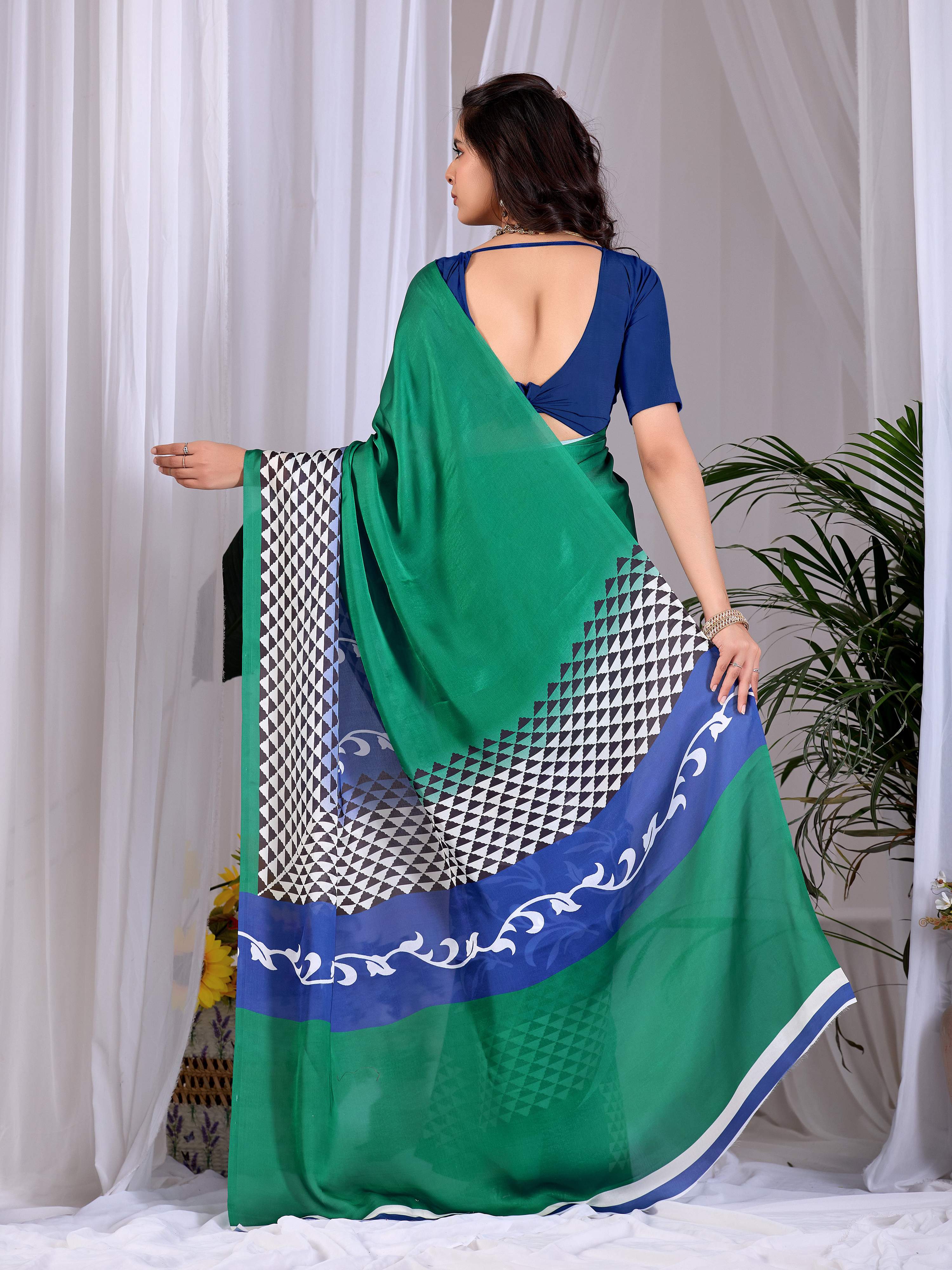 Aastha Fashion Green Soft Satin Georgette Printed Saree - Distacart