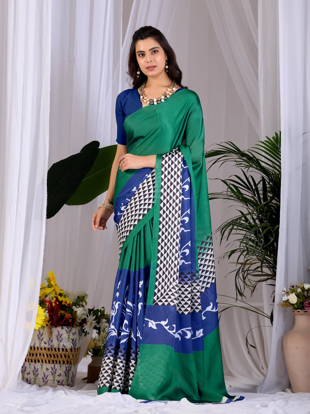 Aastha Fashion Green Soft Satin Georgette Printed Saree - Distacart