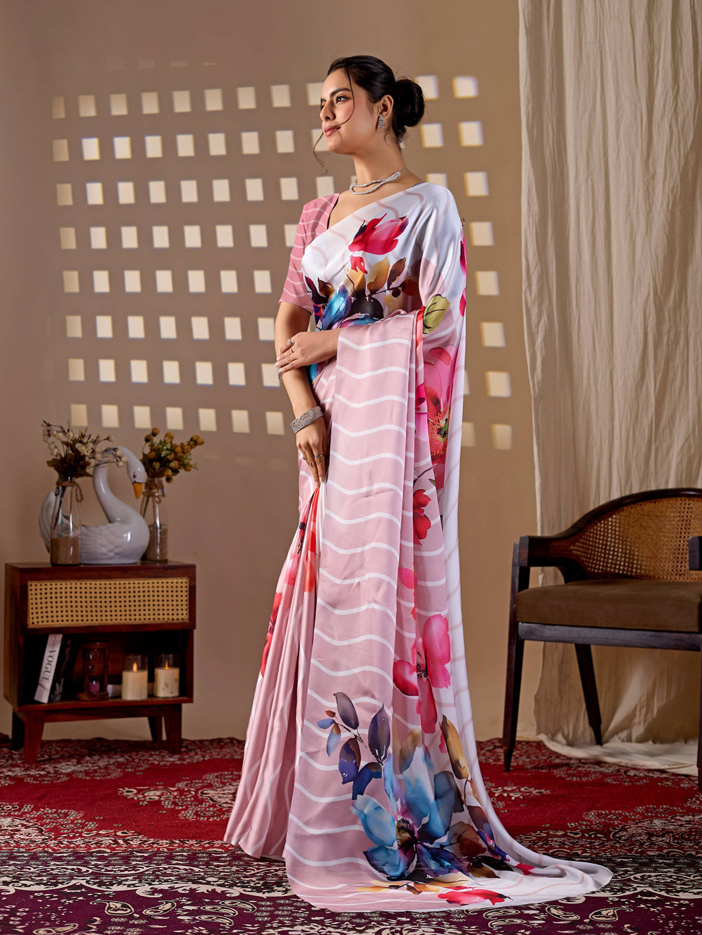 Aastha Fashion Peach Soft Satin Georgette Printed Saree - Distacart