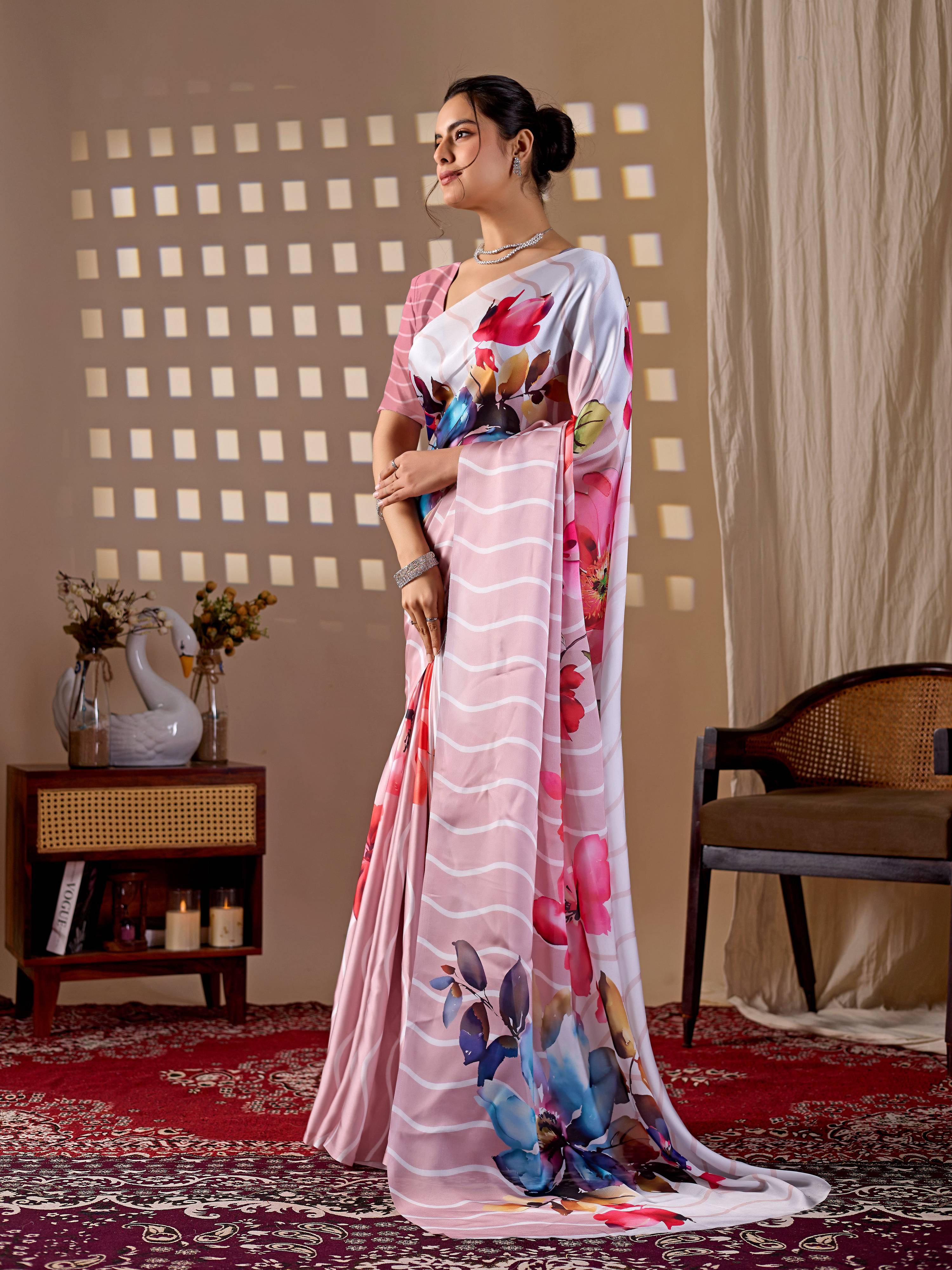 Aastha Fashion Peach Soft Satin Georgette Printed Saree - Distacart