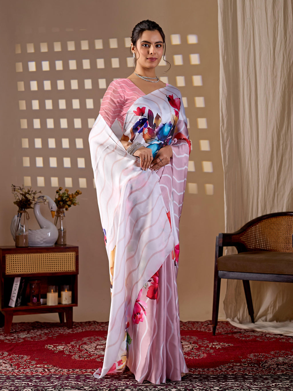 Aastha Fashion Peach Soft Satin Georgette Printed Saree - Distacart