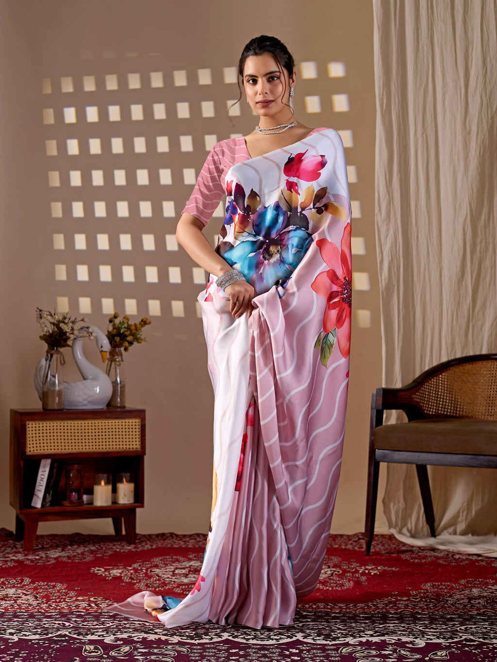 Aastha Fashion Peach Soft Satin Georgette Printed Saree - Distacart