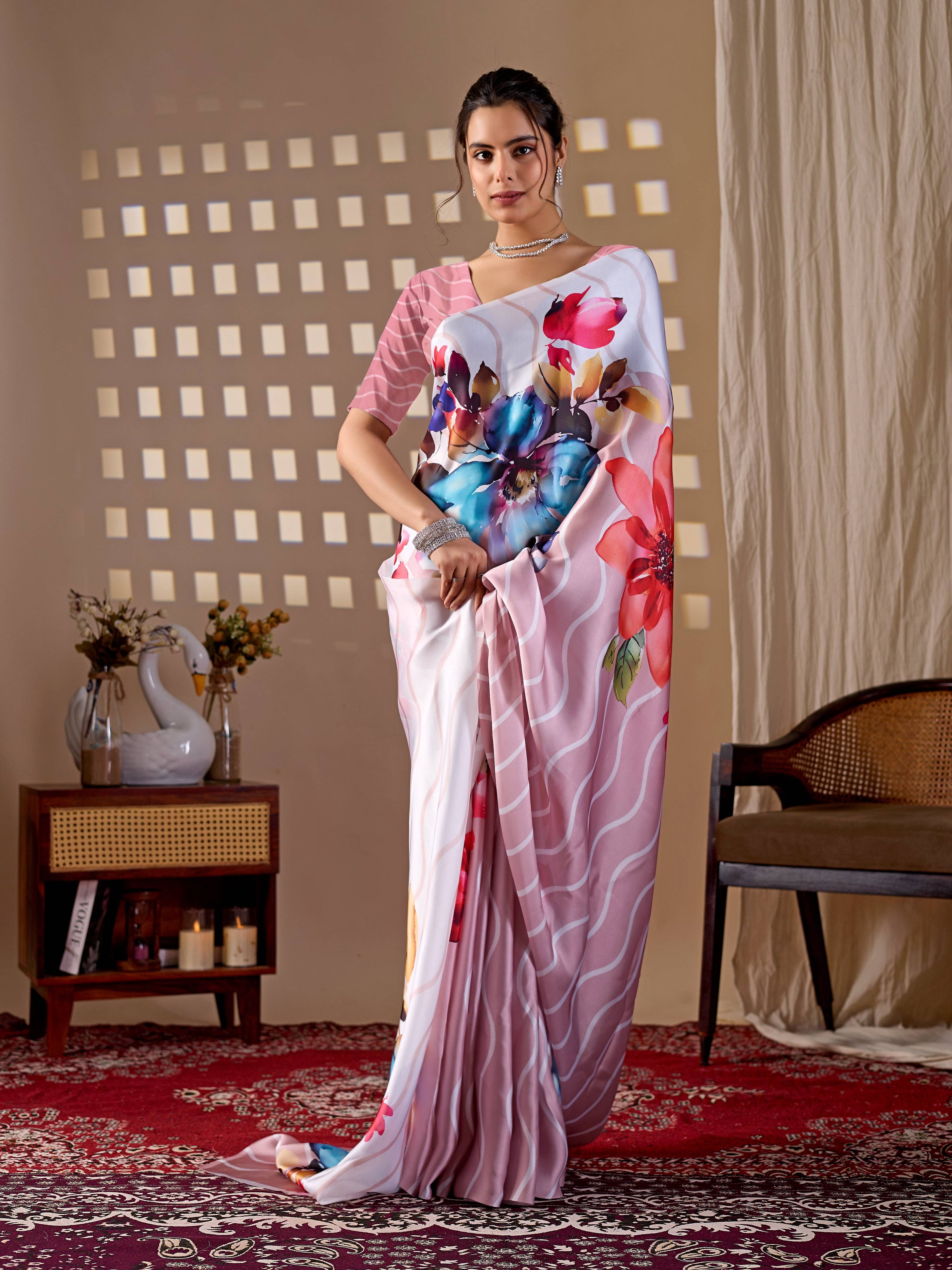 Aastha Fashion Peach Soft Satin Georgette Printed Saree - Distacart