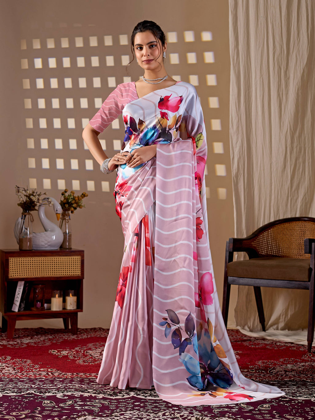 Aastha Fashion Peach Soft Satin Georgette Printed Saree - Distacart