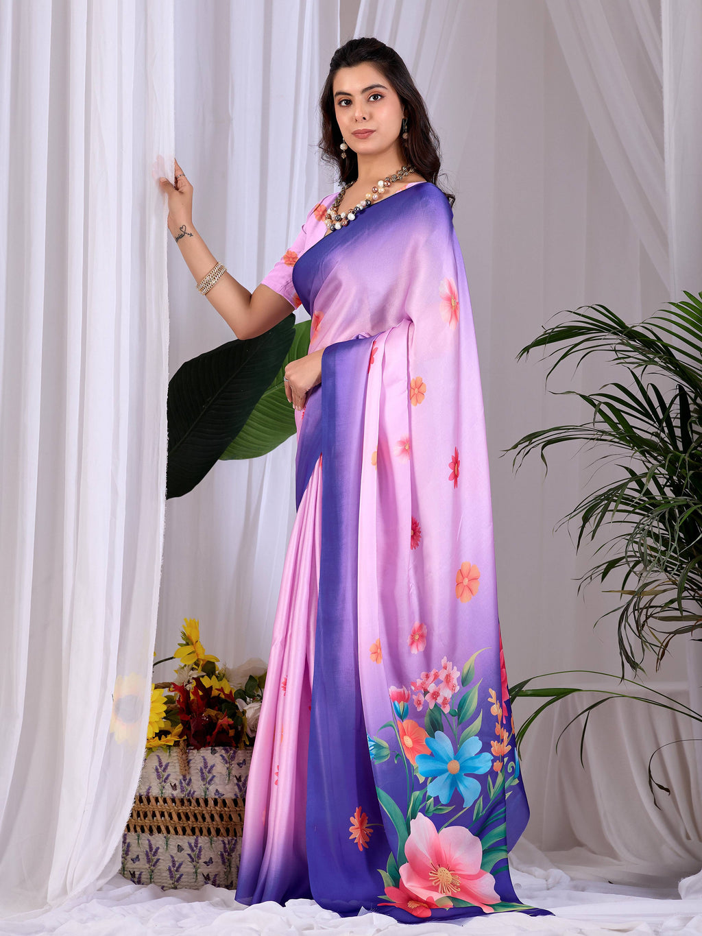 Aastha Fashion Pink Soft Satin Georgette Printed Saree - Distacart