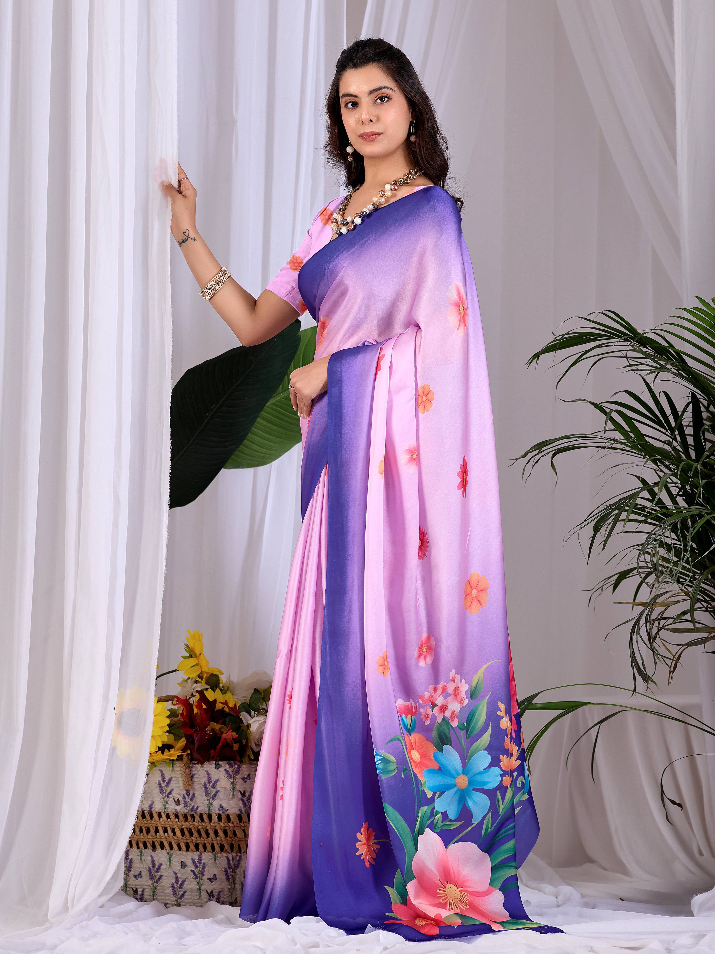 Aastha Fashion Pink Soft Satin Georgette Printed Saree - Distacart