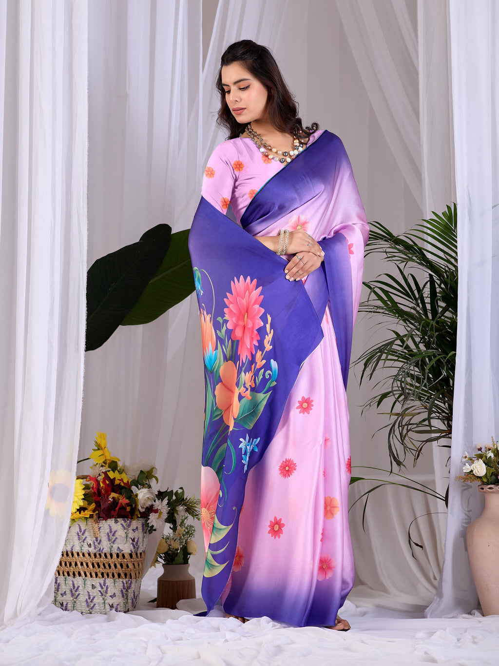 Aastha Fashion Pink Soft Satin Georgette Printed Saree - Distacart