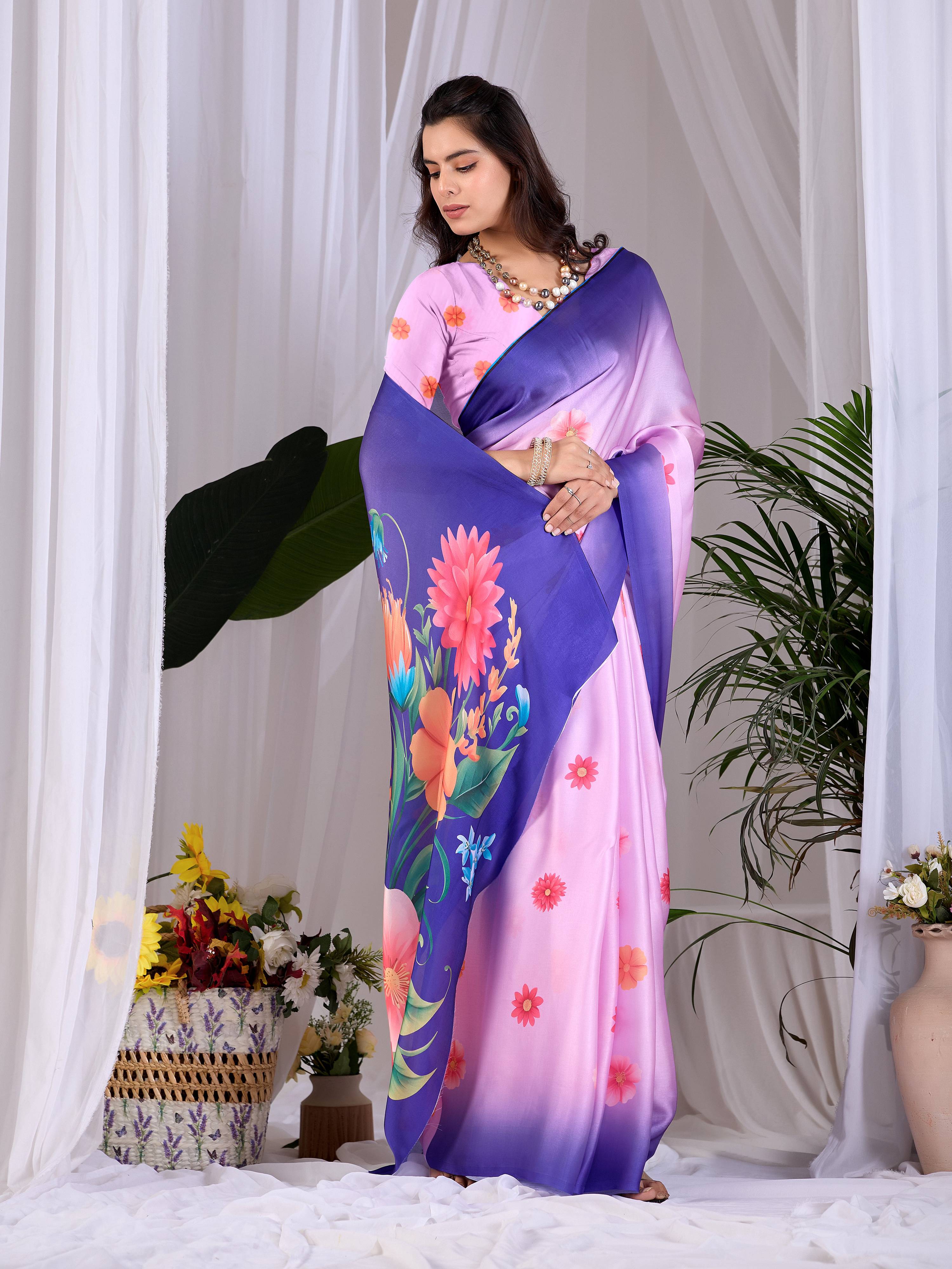 Aastha Fashion Pink Soft Satin Georgette Printed Saree - Distacart