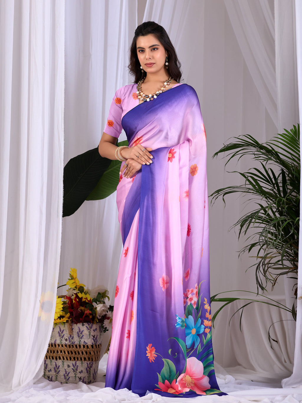 Aastha Fashion Pink Soft Satin Georgette Printed Saree - Distacart