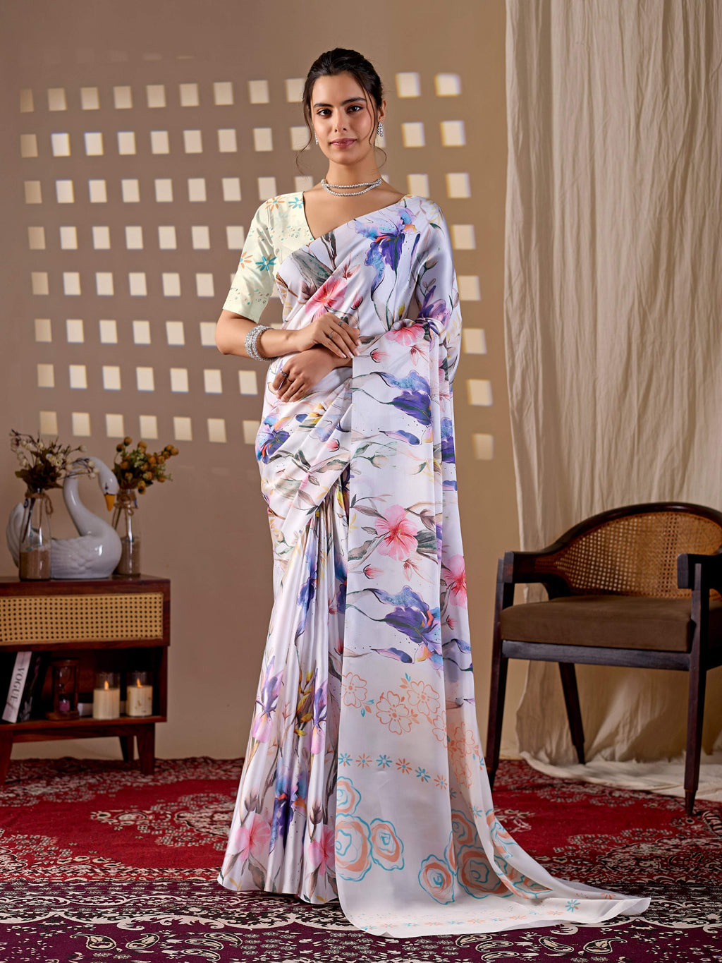 Aastha Fashion Multi Soft Satin Georgette Printed Saree - Distacart